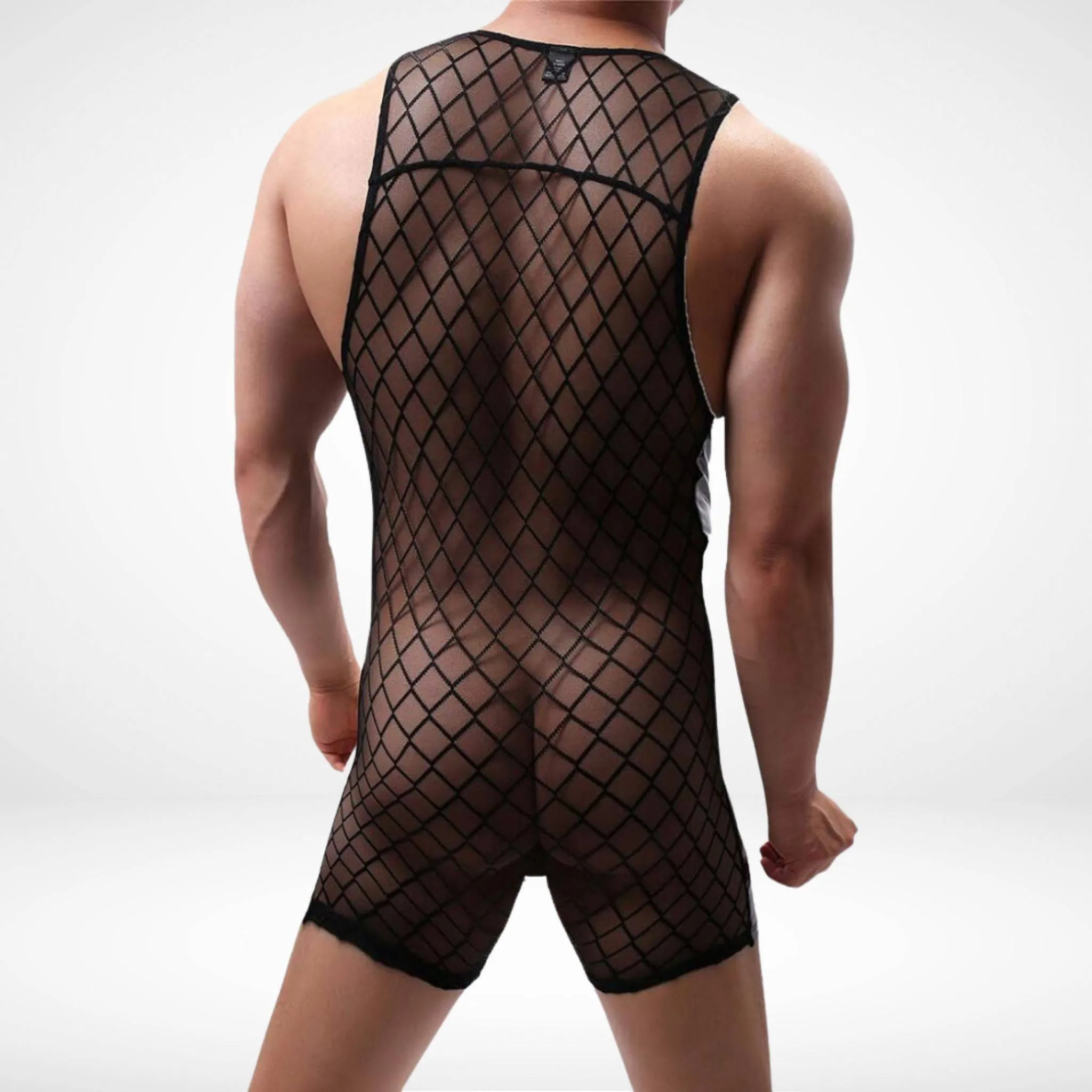 Black Transparent Mesh Men's Bodysuit Singlet