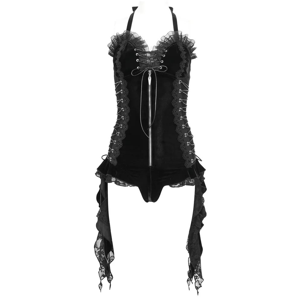 Black Velvet Lace Trim Halter Bodysuit Lingerie