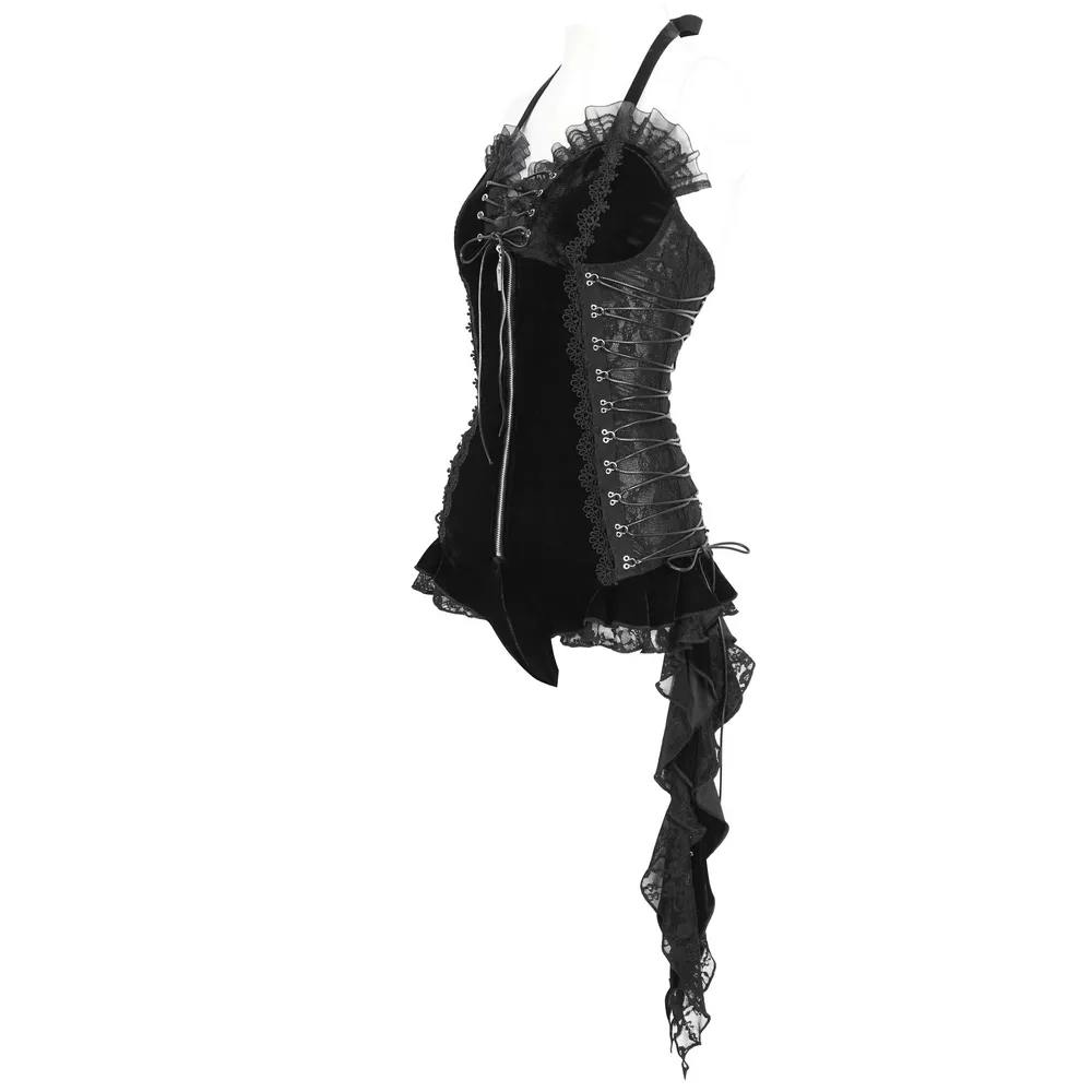 Black Velvet Lace Trim Halter Bodysuit Lingerie