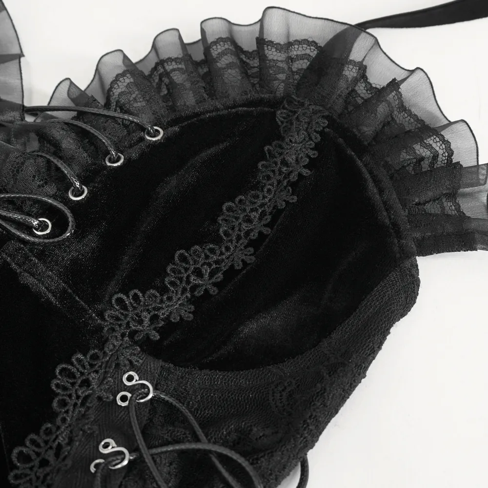 Black Velvet Lace Trim Halter Bodysuit Lingerie