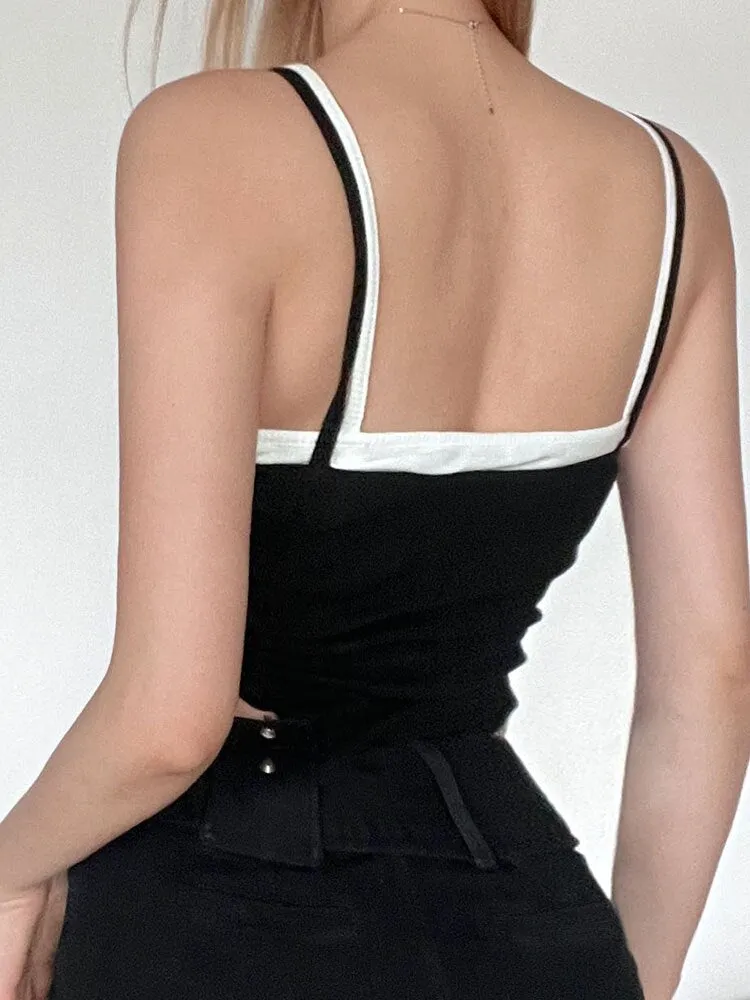 Black White Spliced Strap Slim Bodysuit