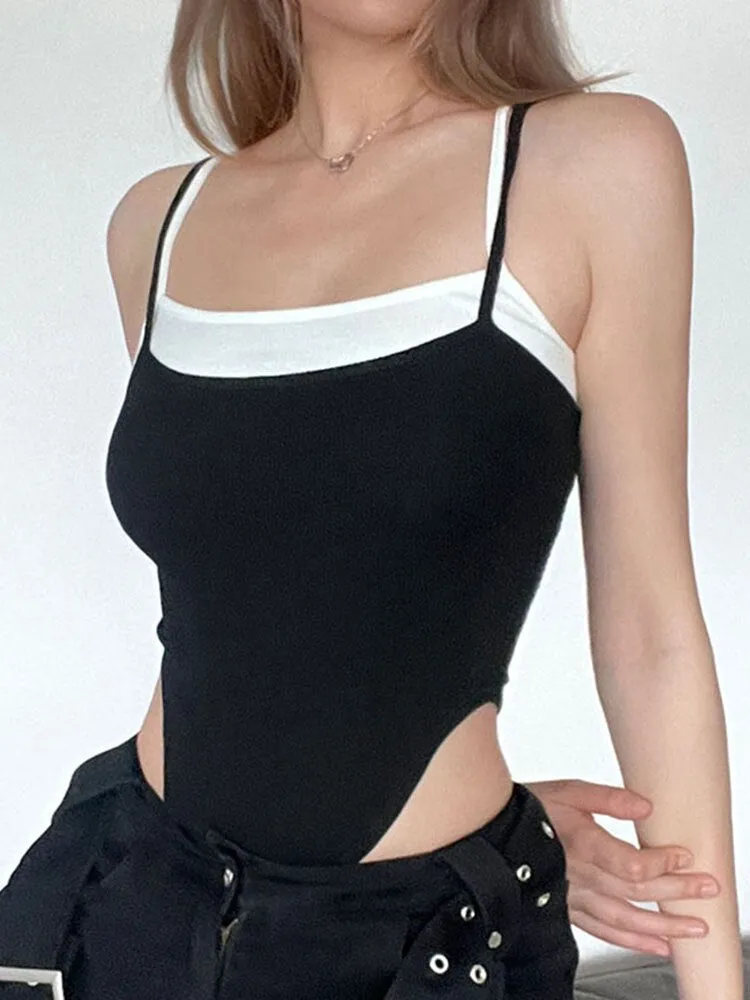 Black White Spliced Strap Slim Bodysuit