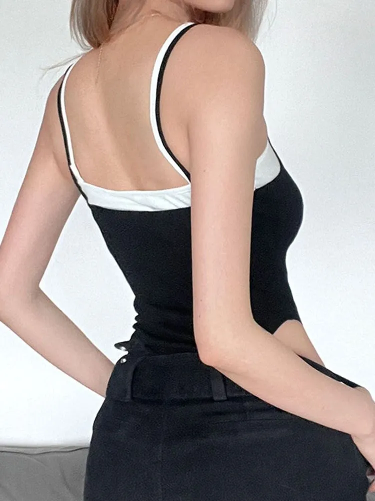 Black White Spliced Strap Slim Bodysuit