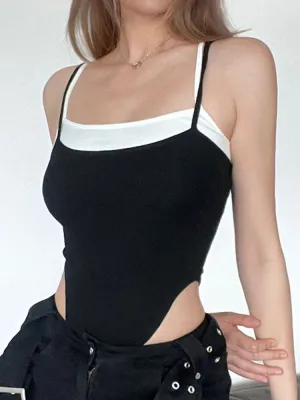 Black White Spliced Strap Slim Bodysuit
