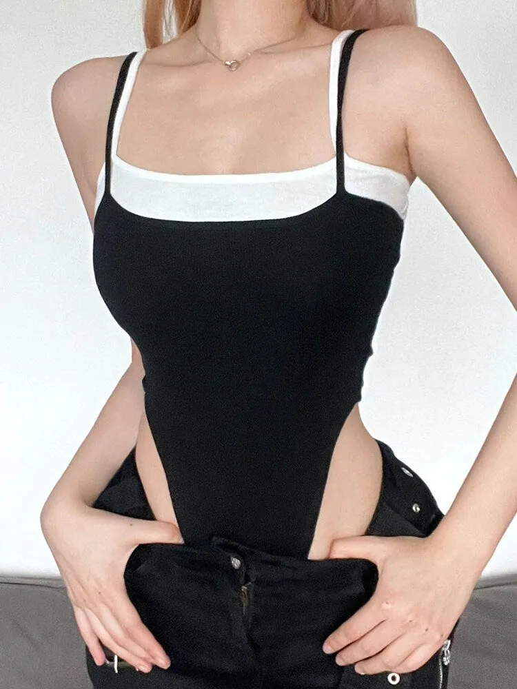 Black White Spliced Strap Slim Bodysuit