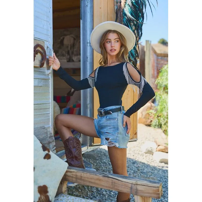 BLUE B Cold Shoulder Rhinestone Fringe Bodysuit
