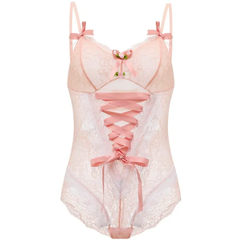 Blush Enchantment Lace Bodysuit with Satin Ribbon Lacing