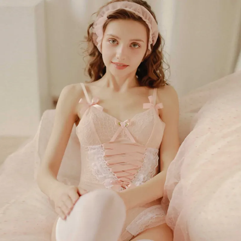 Blush Enchantment Lace Bodysuit with Satin Ribbon Lacing