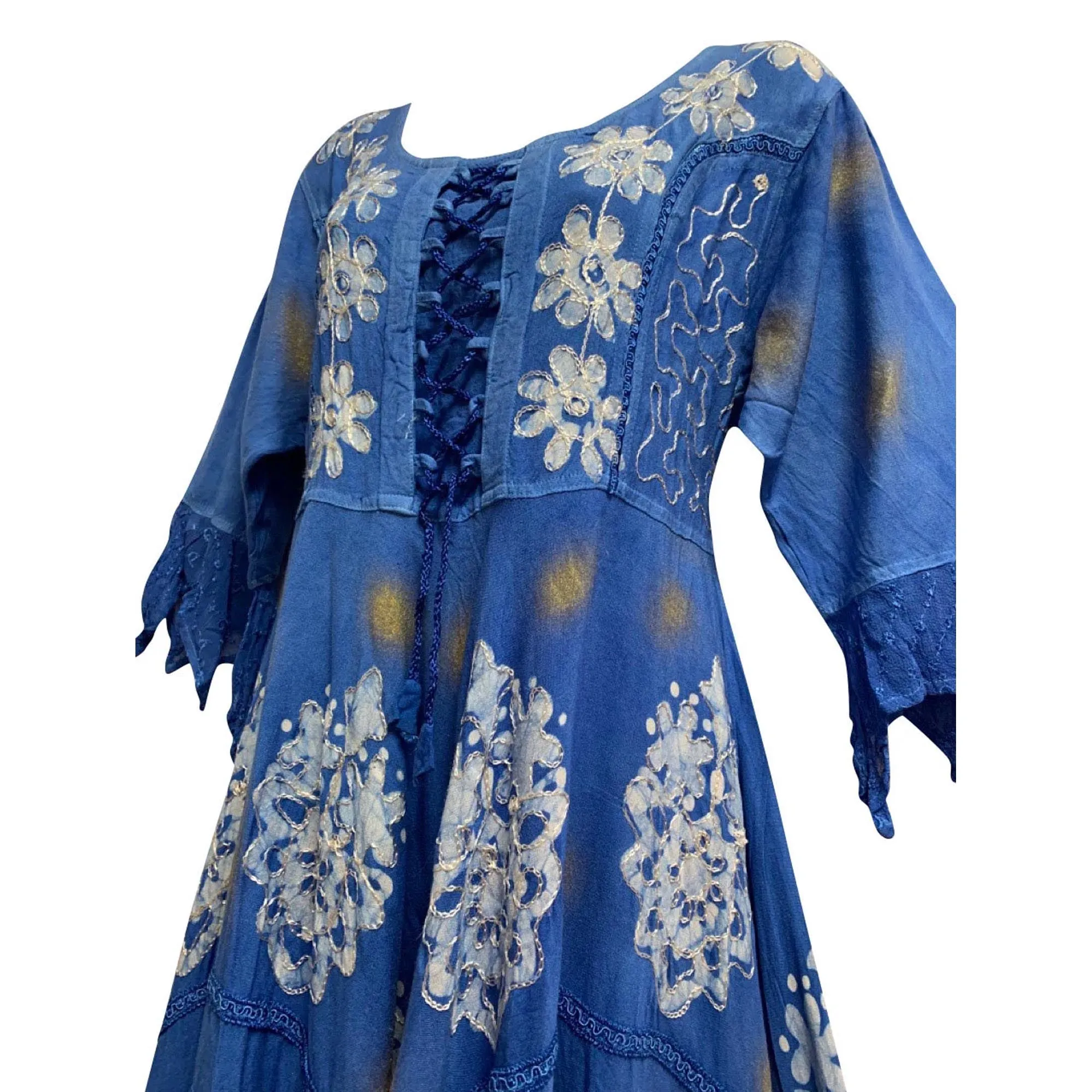 Boho Bohemian Renaissance Embroidered Ethnic Batik Floral Print Bell Sleeve Long Dress