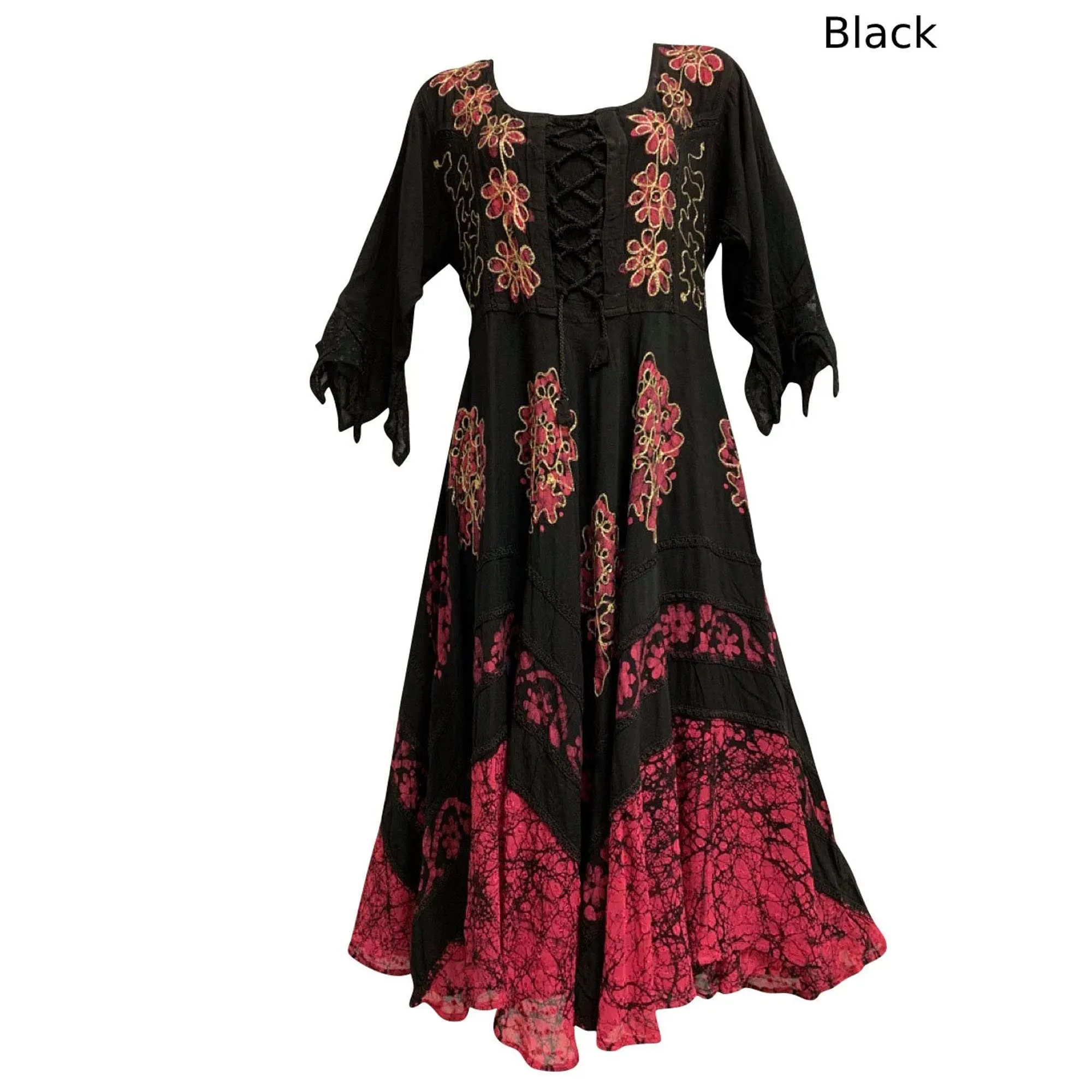 Boho Bohemian Renaissance Embroidered Ethnic Batik Floral Print Bell Sleeve Long Dress
