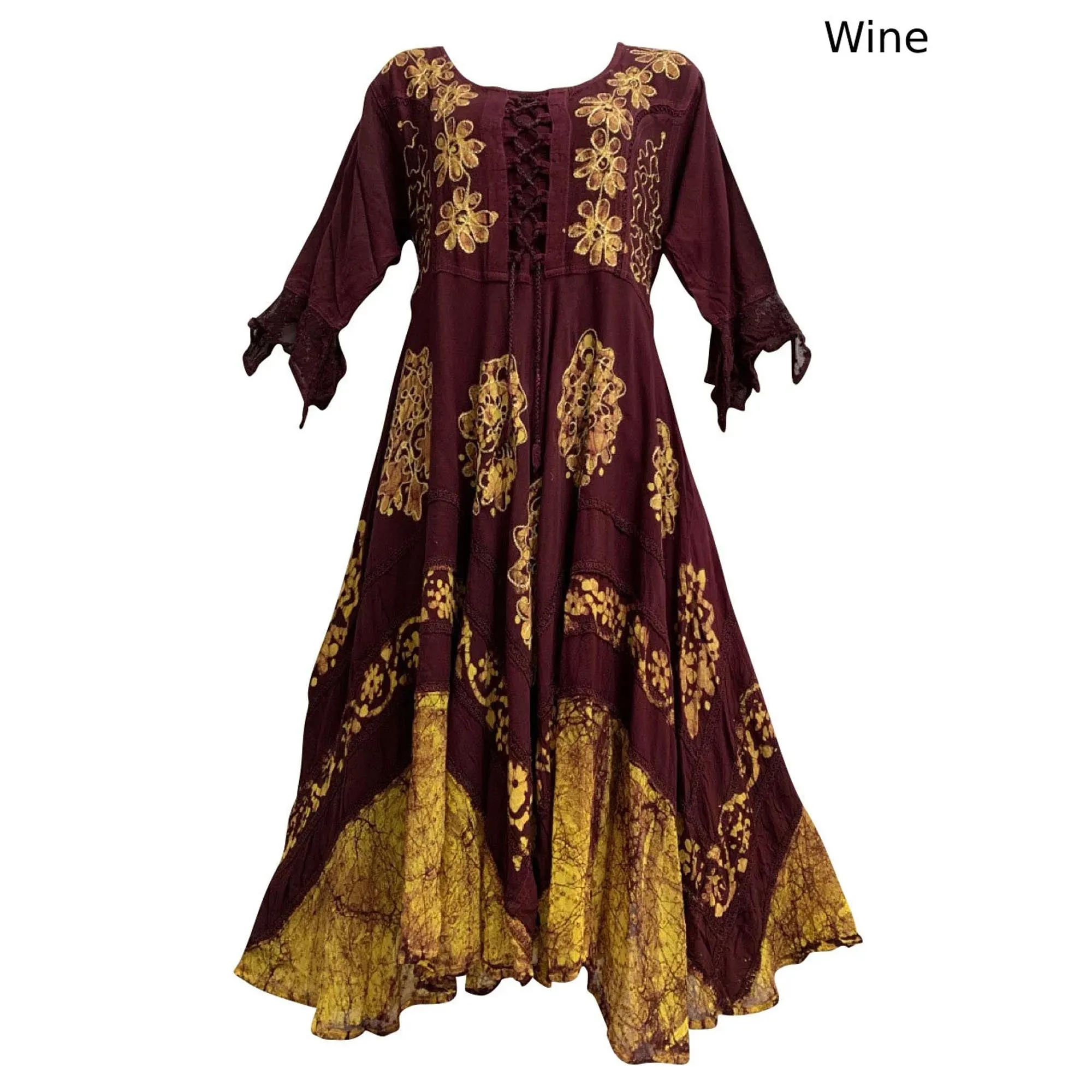 Boho Bohemian Renaissance Embroidered Ethnic Batik Floral Print Bell Sleeve Long Dress
