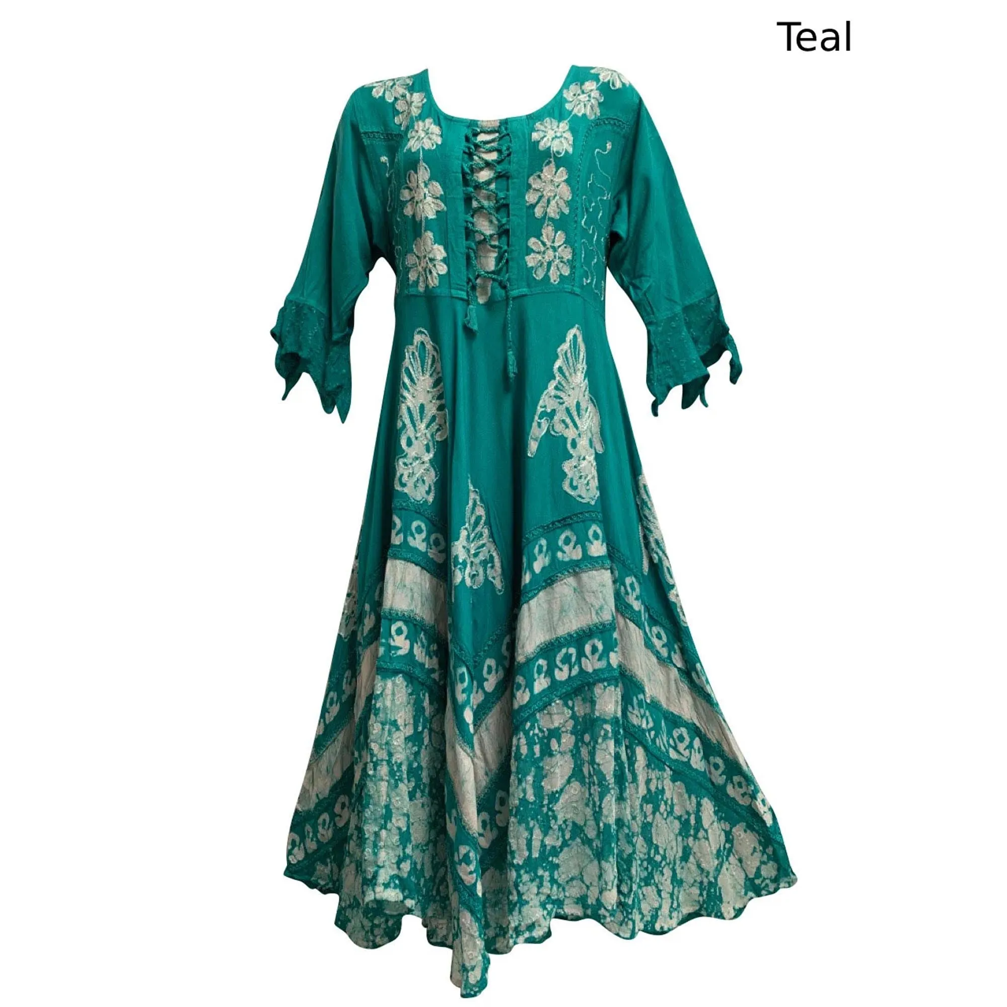 Boho Bohemian Renaissance Embroidered Ethnic Batik Floral Print Bell Sleeve Long Dress