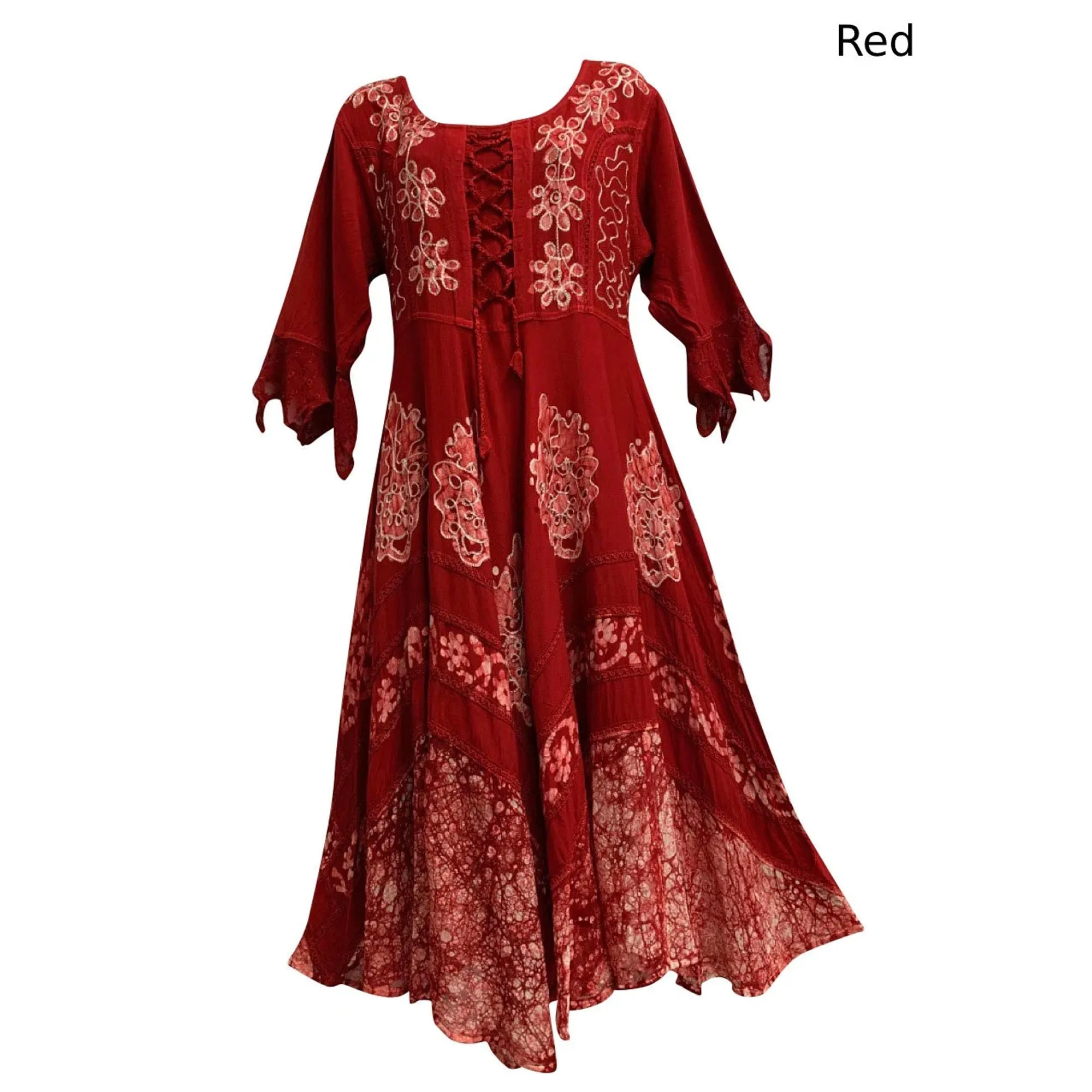 Boho Bohemian Renaissance Embroidered Ethnic Batik Floral Print Bell Sleeve Long Dress