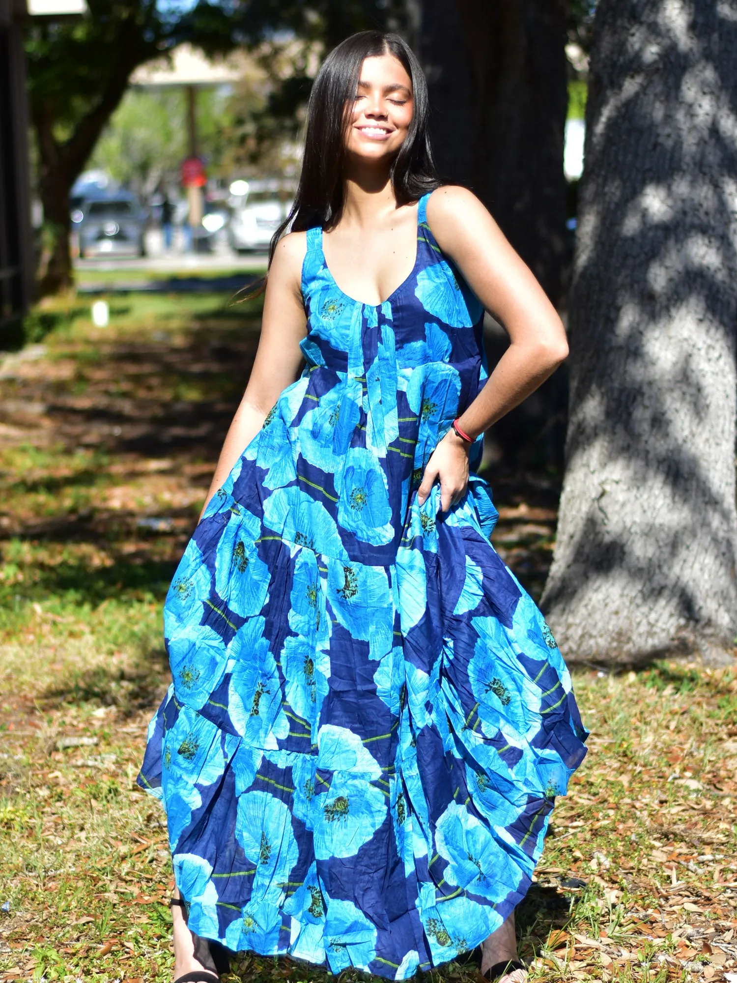 Boho Fine pure Cotton Sleeveless Floral Tiered Long Tank Cami Sima maxi Dress