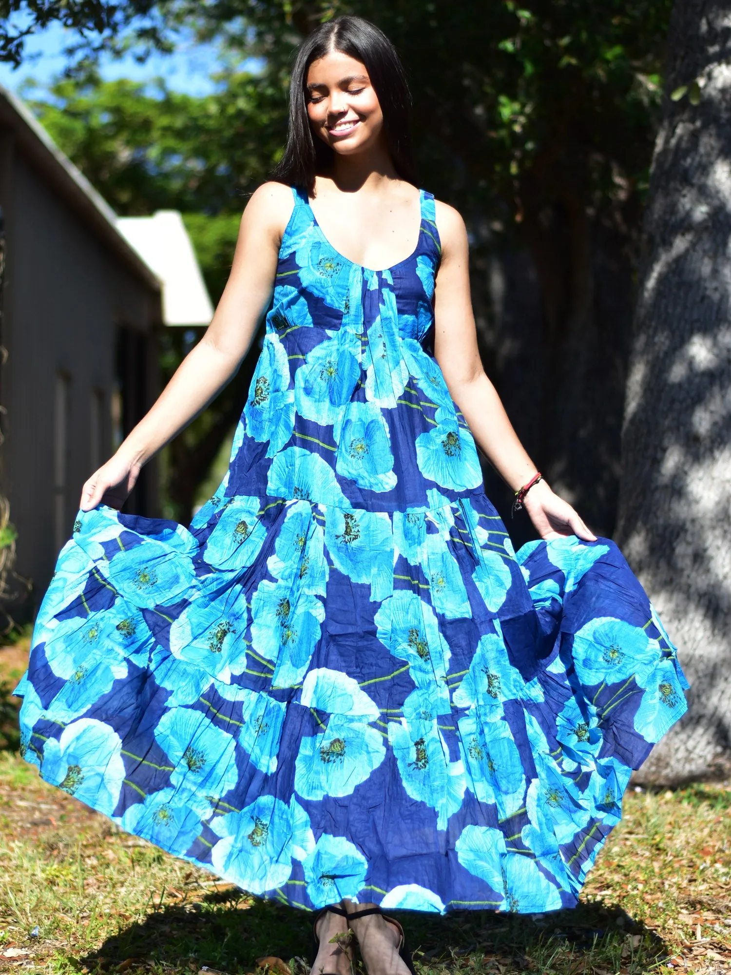 Boho Fine pure Cotton Sleeveless Floral Tiered Long Tank Cami Sima maxi Dress