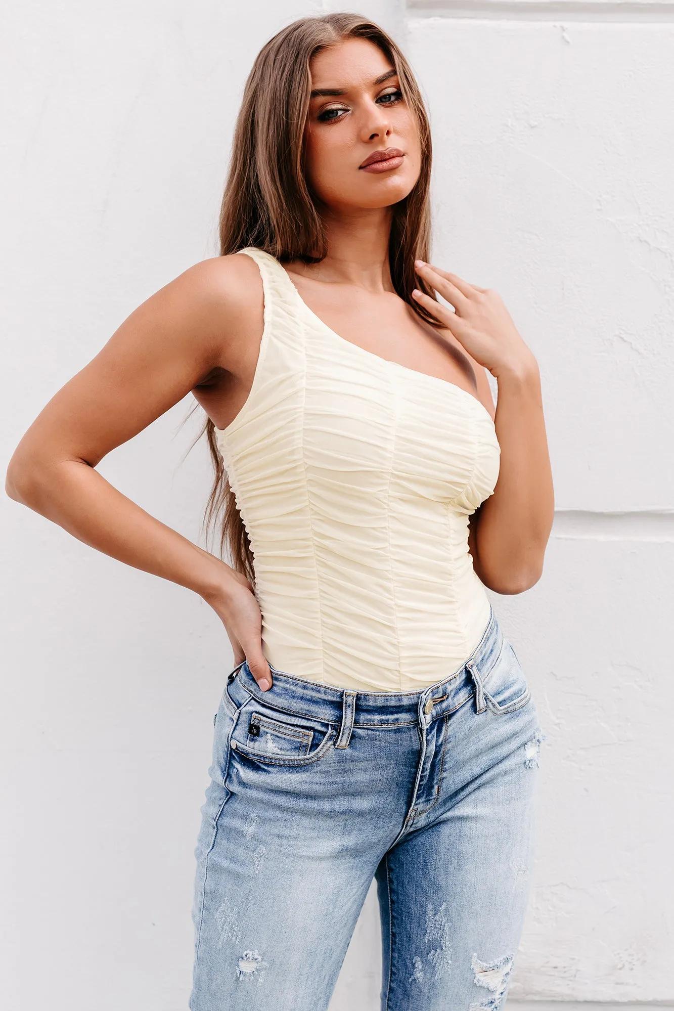 Bold Ambitions Ruched One Shoulder Bodysuit (Cream)