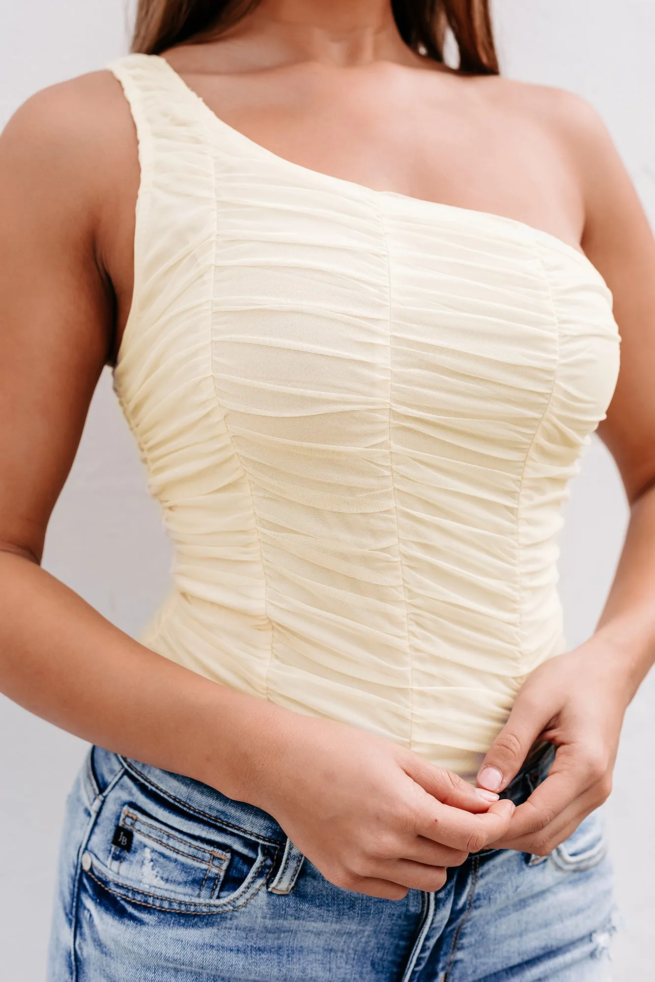 Bold Ambitions Ruched One Shoulder Bodysuit (Cream)