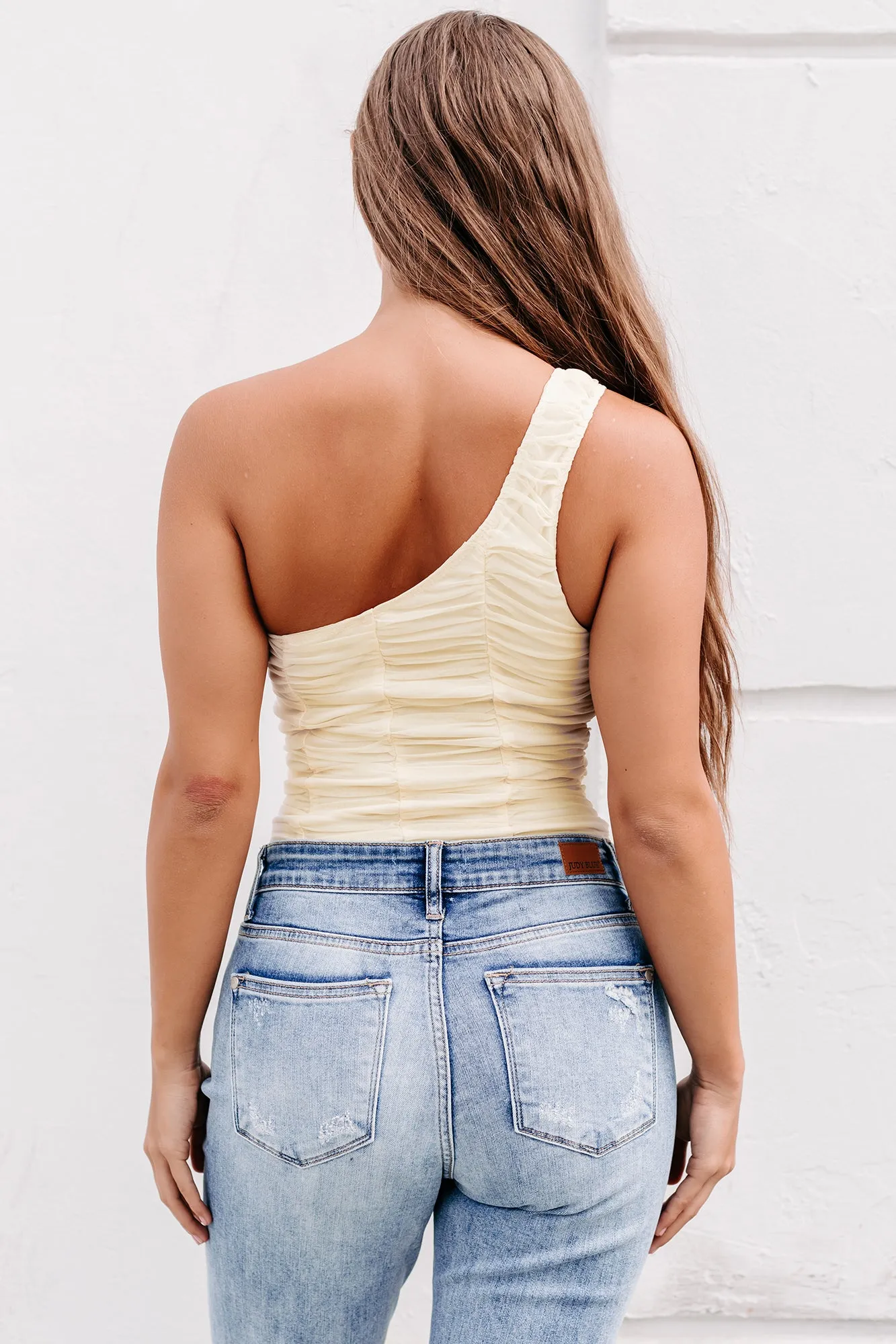 Bold Ambitions Ruched One Shoulder Bodysuit (Cream)