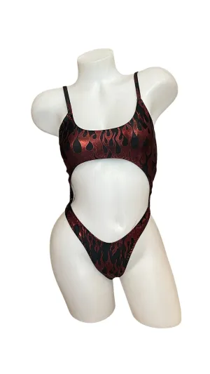 Bralette Top Thong Back Bodysuit Red Flames