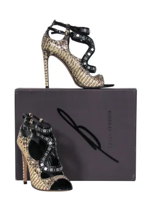 Brian Atwood - Cream & Black Snakeskin Print Leather Studded Strappy Pumps Sz 7