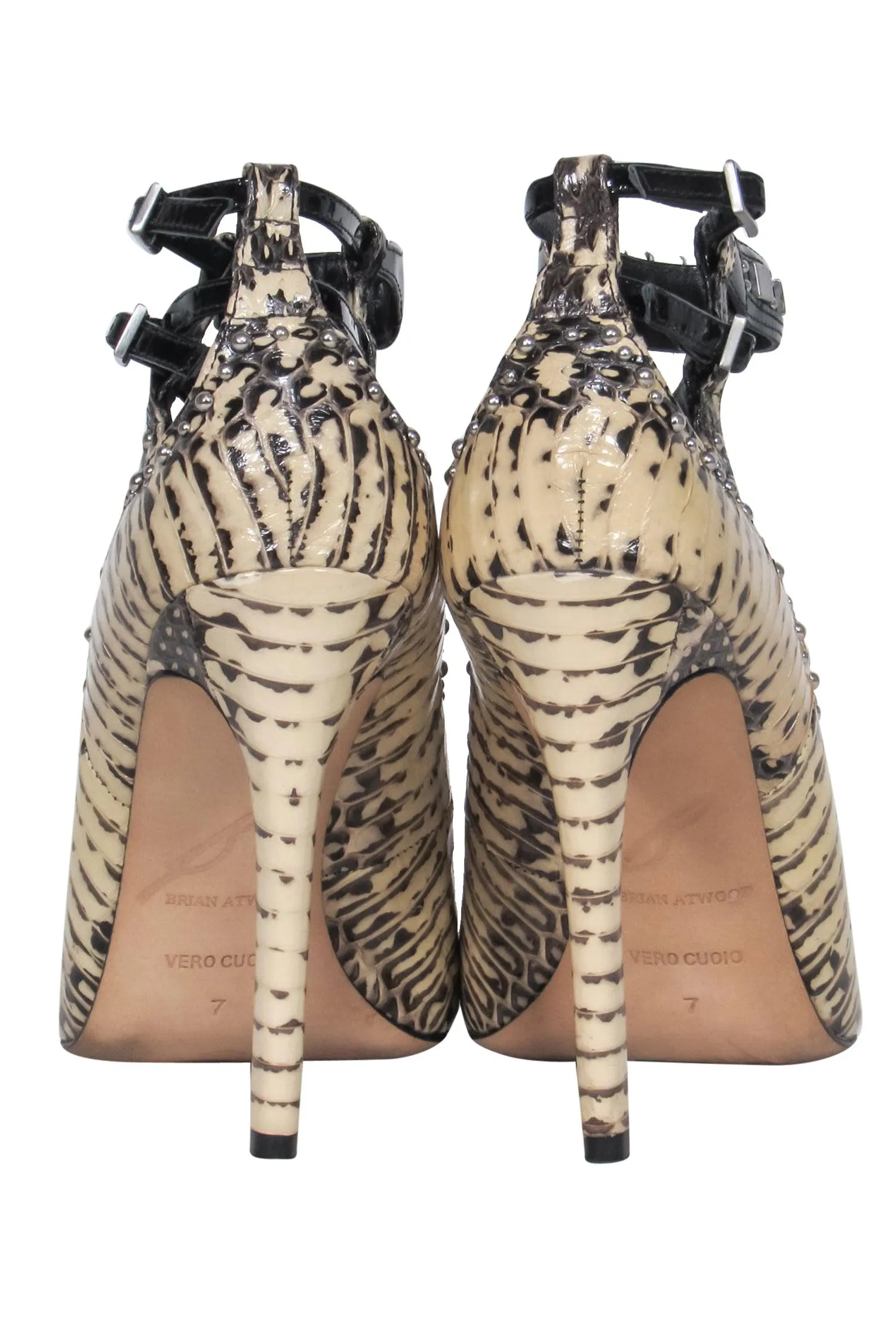 Brian Atwood - Cream & Black Snakeskin Print Leather Studded Strappy Pumps Sz 7