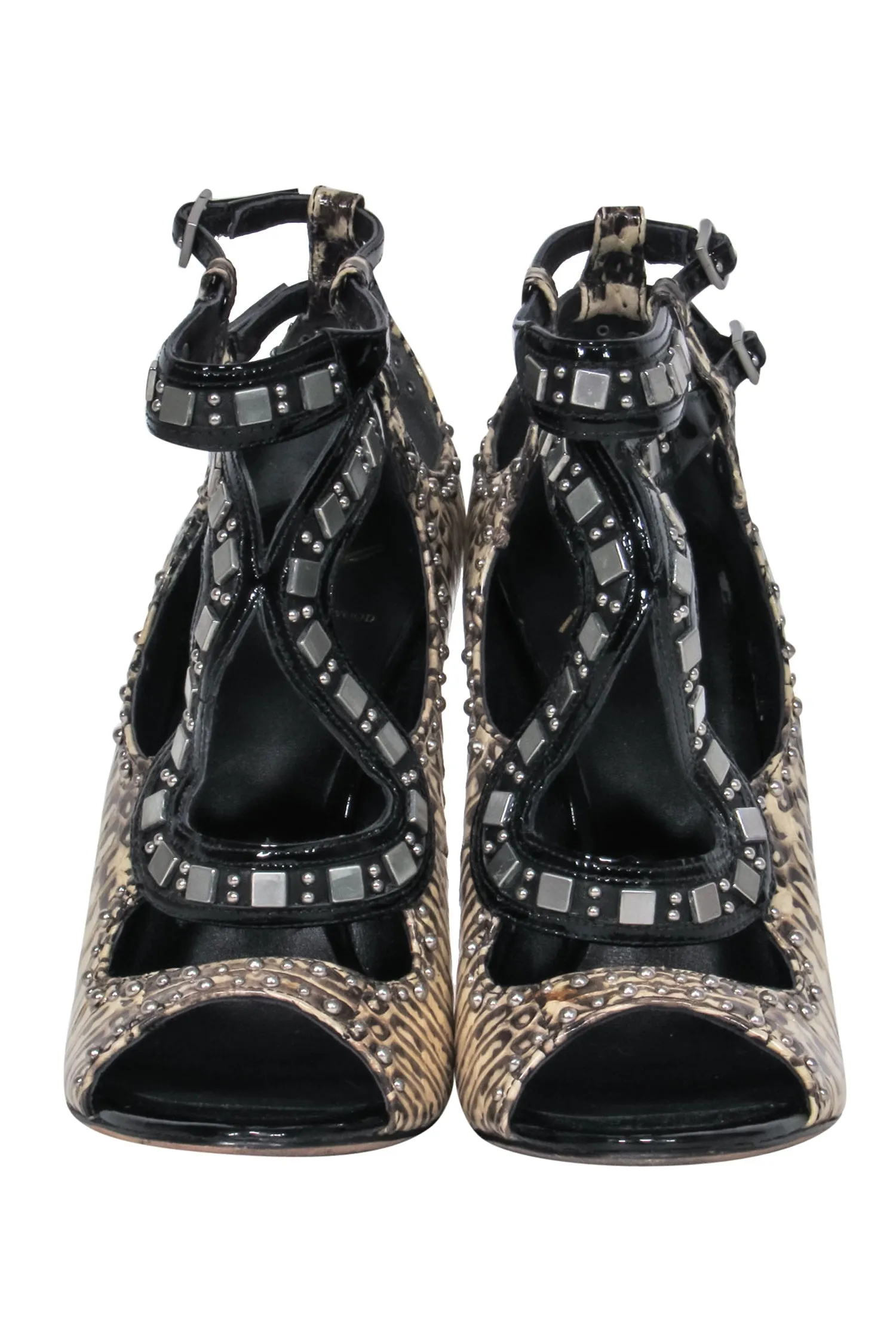 Brian Atwood - Cream & Black Snakeskin Print Leather Studded Strappy Pumps Sz 7