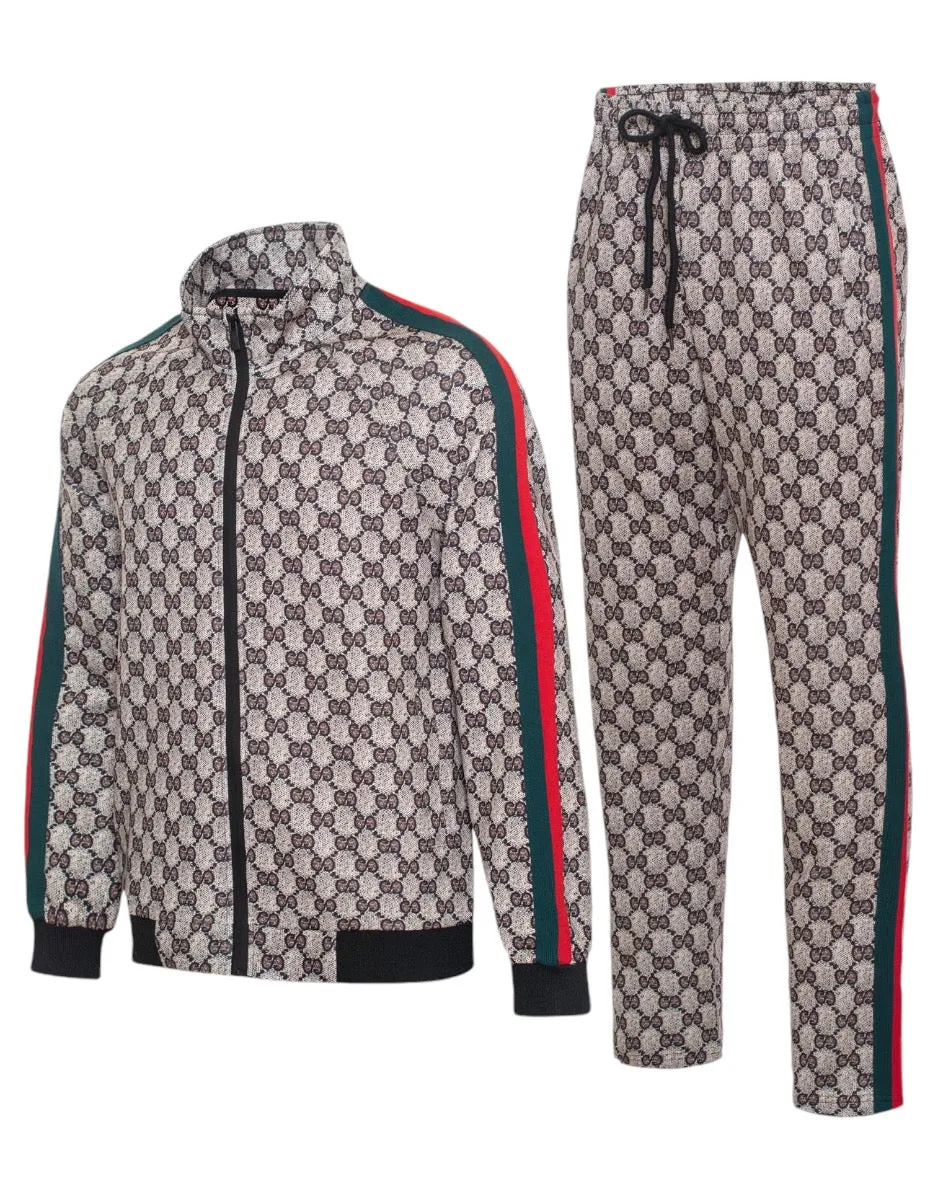 Brown Men's Tracksuit Jogging 2-Pieces Set Printed Material Red and Green Strips Style No: MTK08