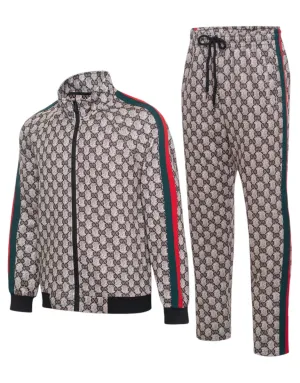 Brown Men's Tracksuit Jogging 2-Pieces Set Printed Material Red and Green Strips Style No: MTK08