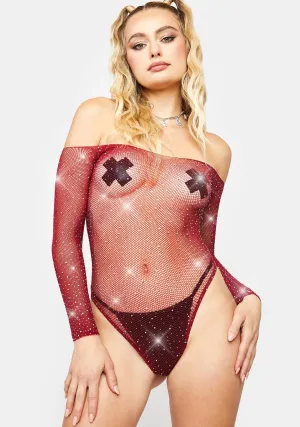 Burgundy Frozen Ice Rhinestone Fishnet Bodysuit