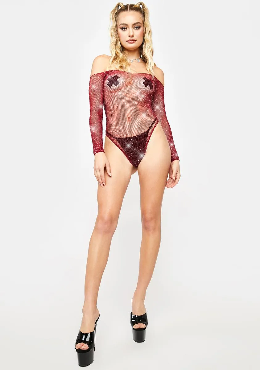 Burgundy Frozen Ice Rhinestone Fishnet Bodysuit