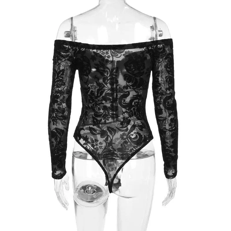 Button mesh solid off shoulder long sleeve bodysuit