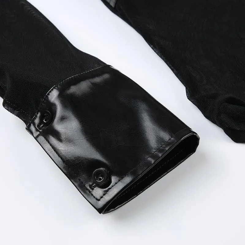Button turnover collar mesh long flared sleeve PU leather bodysuit