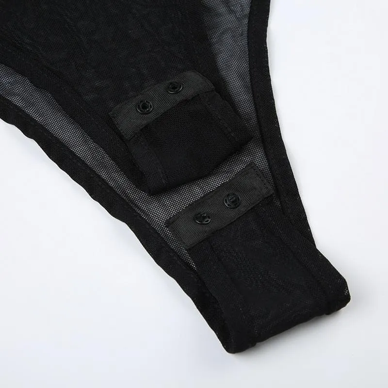 Button turnover collar mesh long flared sleeve PU leather bodysuit