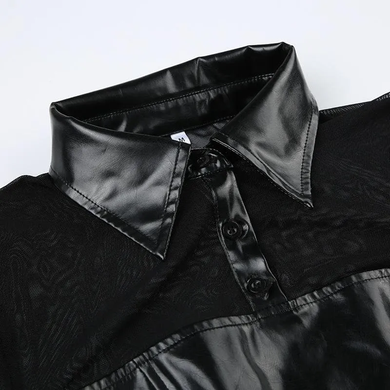 Button turnover collar mesh long flared sleeve PU leather bodysuit