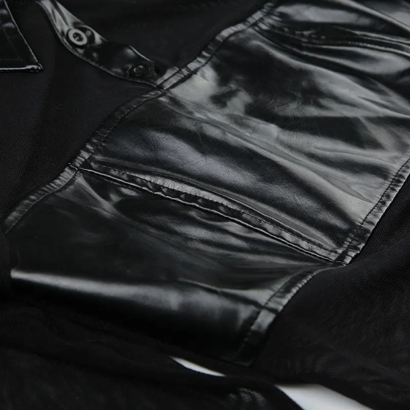 Button turnover collar mesh long flared sleeve PU leather bodysuit