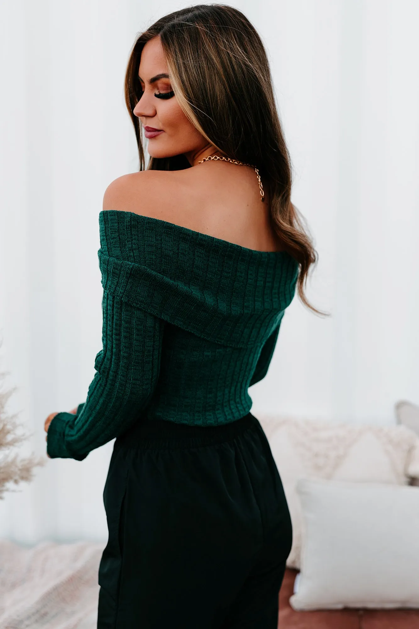 Careless Dreaming Off The Shoulder Sweater Knit Bodysuit (Hunter Green)