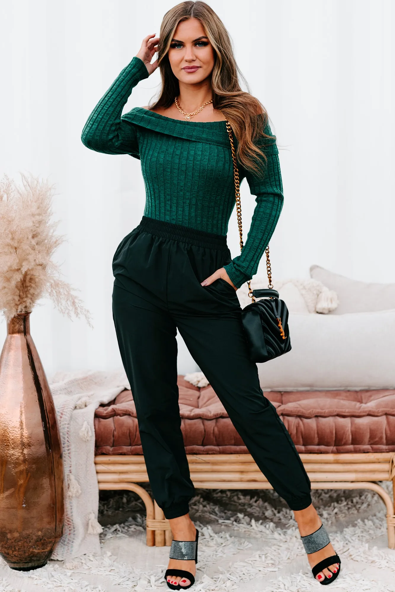 Careless Dreaming Off The Shoulder Sweater Knit Bodysuit (Hunter Green)