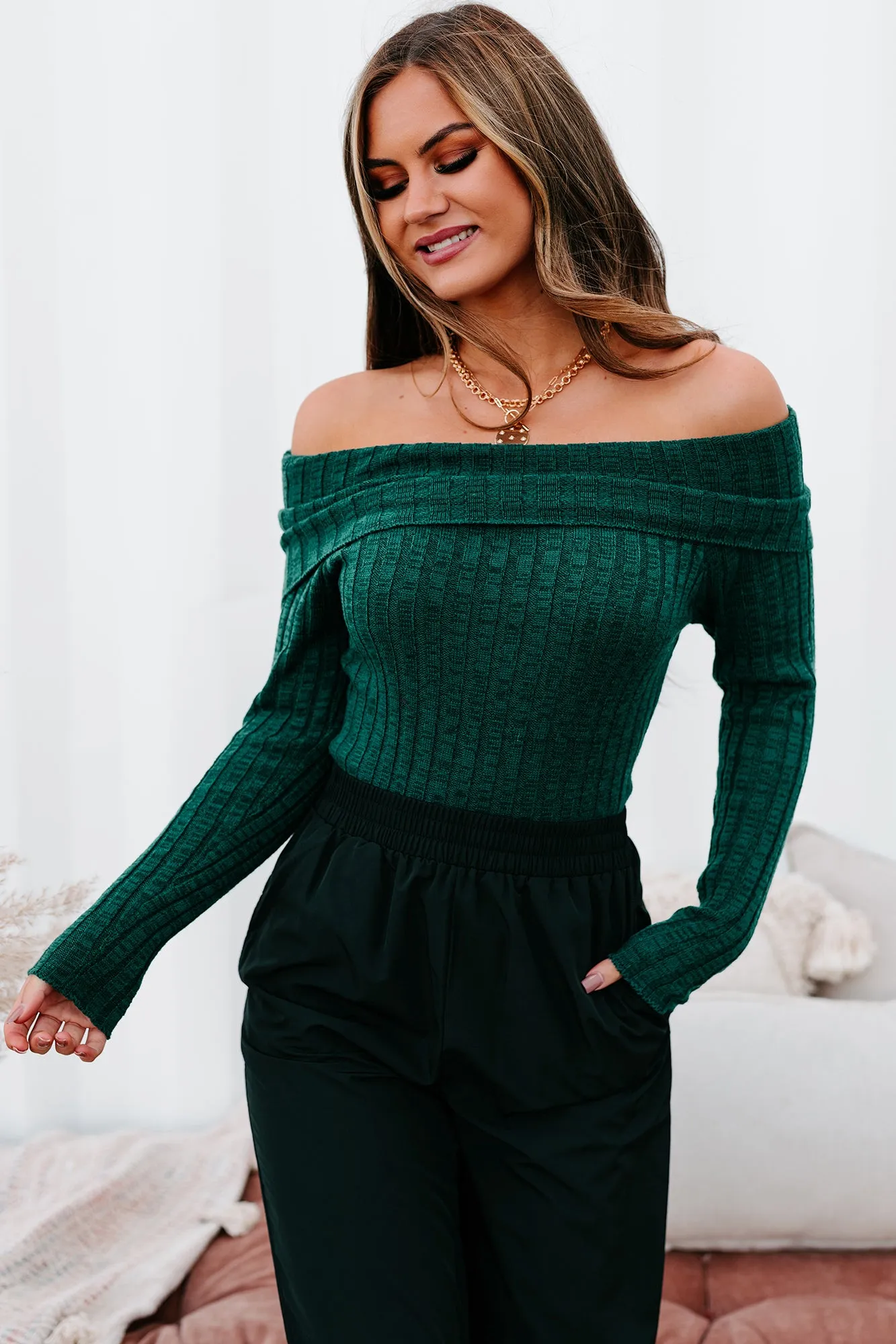Careless Dreaming Off The Shoulder Sweater Knit Bodysuit (Hunter Green)