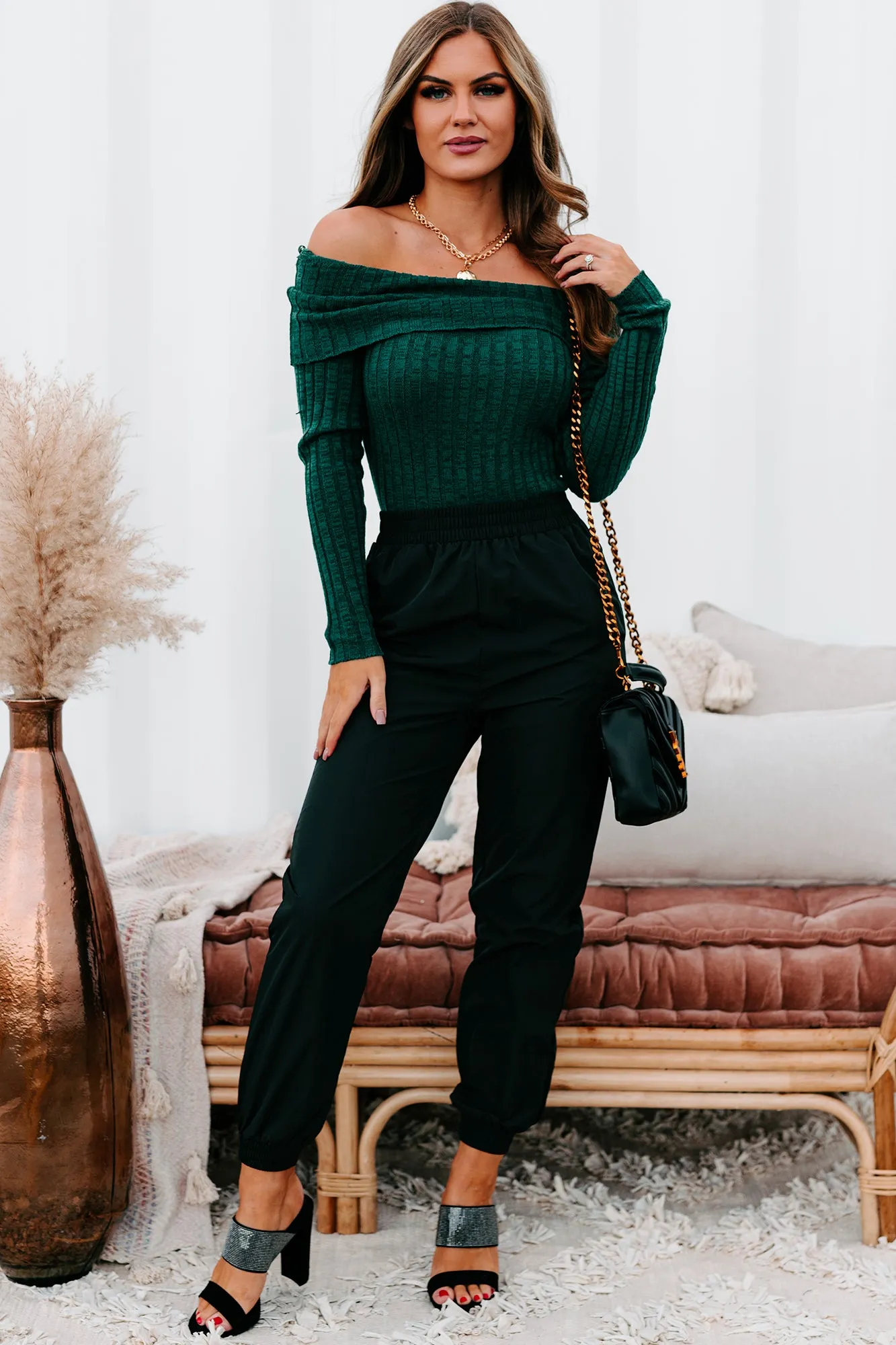 Careless Dreaming Off The Shoulder Sweater Knit Bodysuit (Hunter Green)