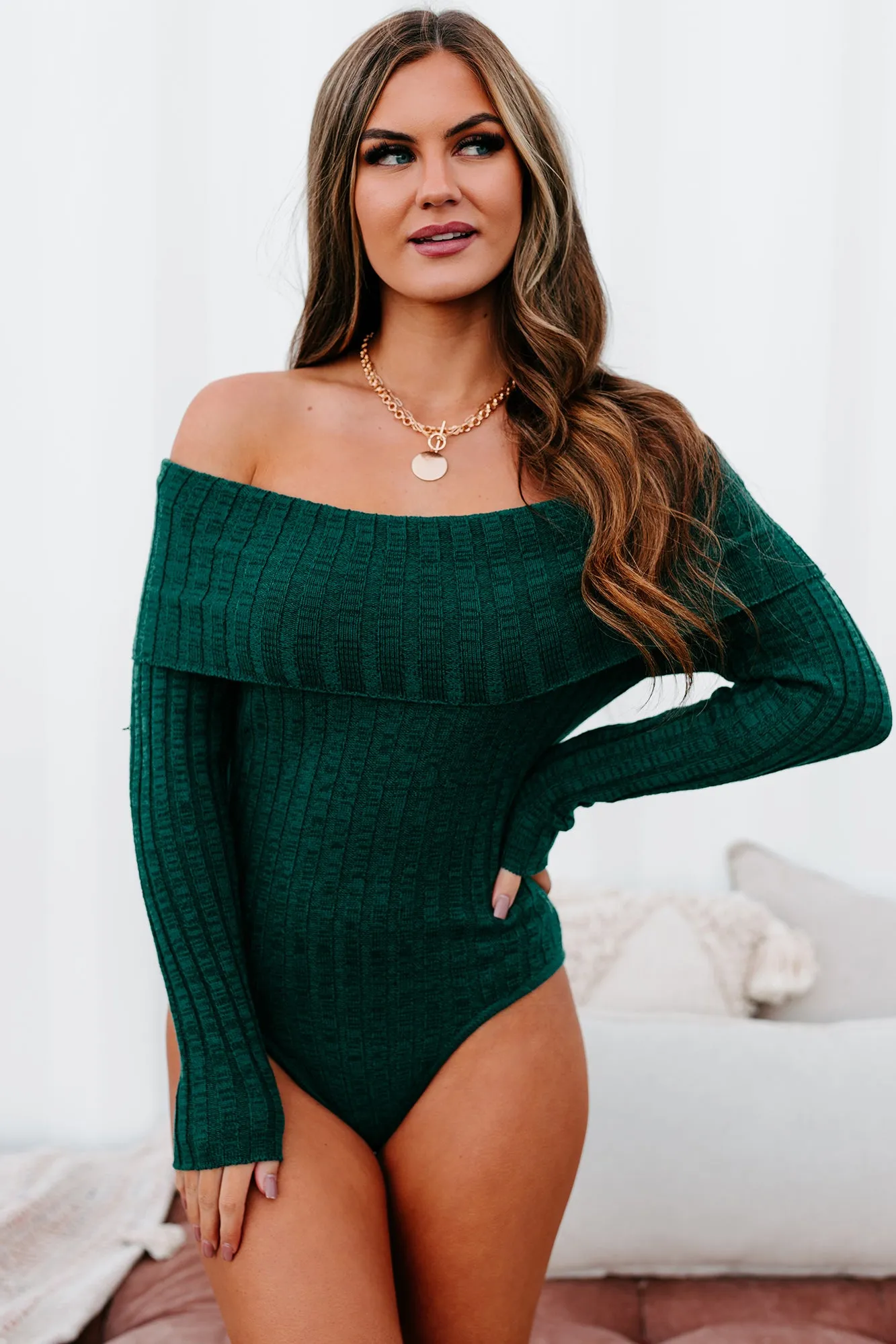Careless Dreaming Off The Shoulder Sweater Knit Bodysuit (Hunter Green)