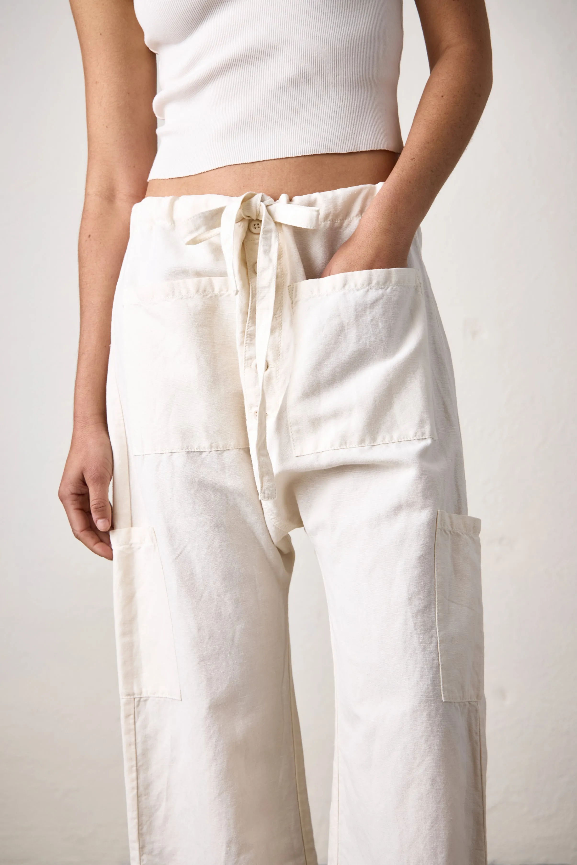 CARLSON LINEN CANVAS TIE PANT / IVORY