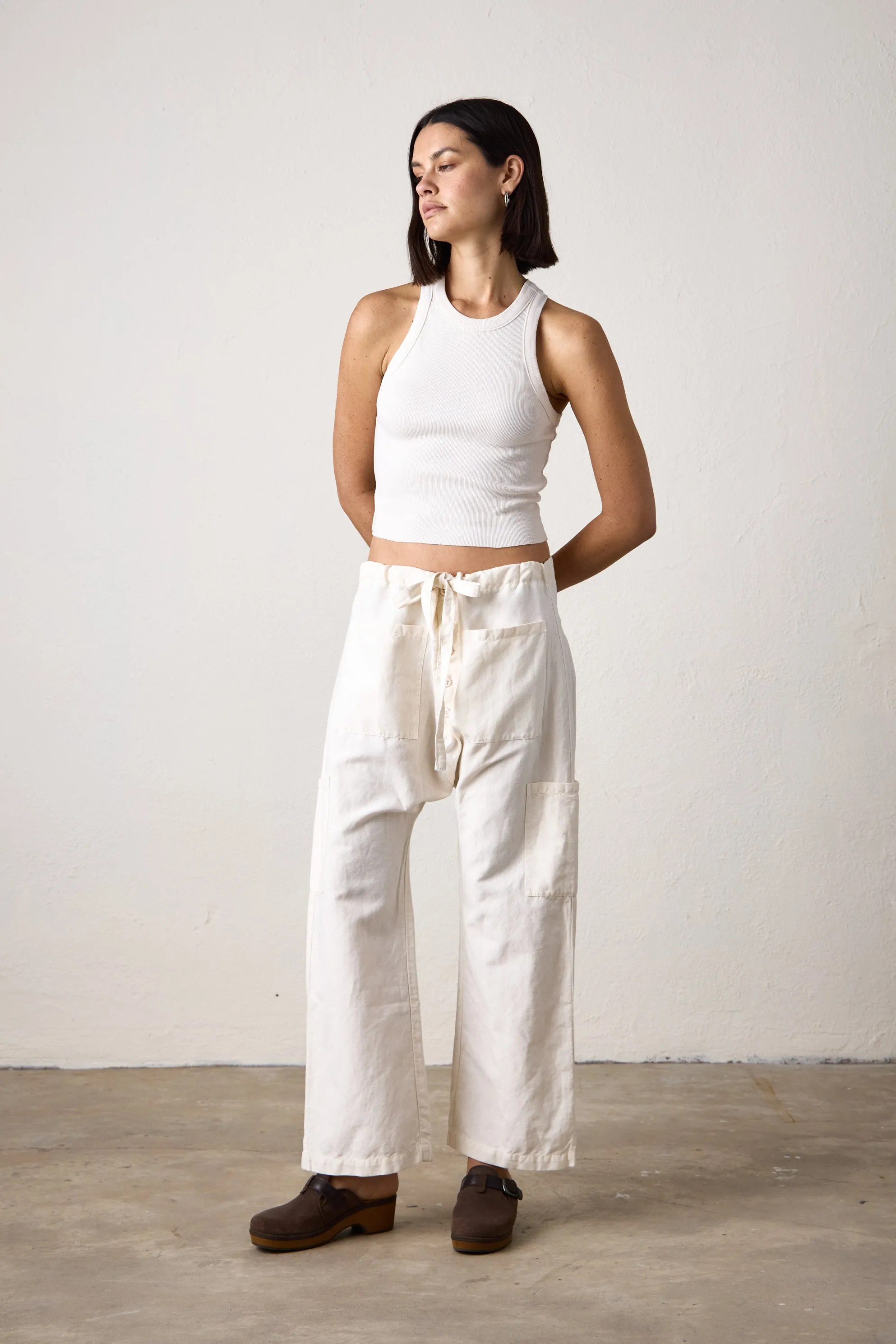 CARLSON LINEN CANVAS TIE PANT / IVORY
