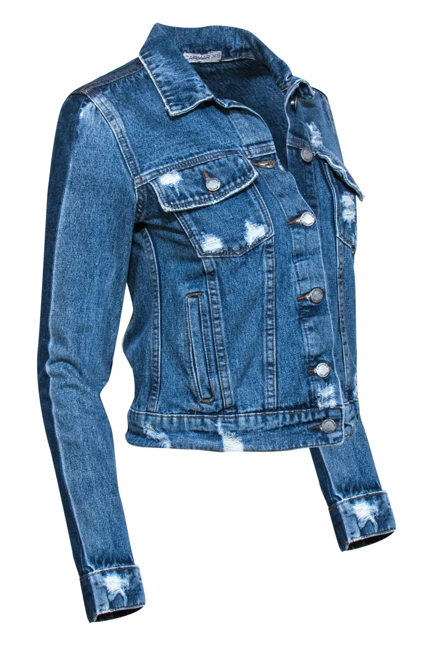 Carmar - Medium Wash Distressed Denim Jacket Sz XS