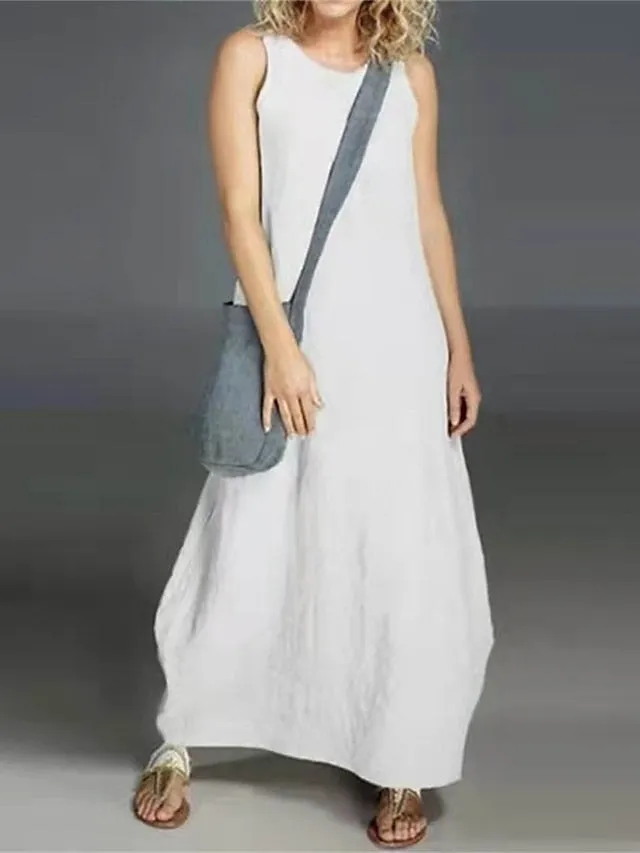 Casual Sweater Dress Cotton Sweater Dress Maxi long Sweater Dress Cotton Basic Casual Outdoor Daily Vacation Crew Neck Pocket Sleeveless Summer Spring  Loose Fit White Red Sky Blue Pure for Women