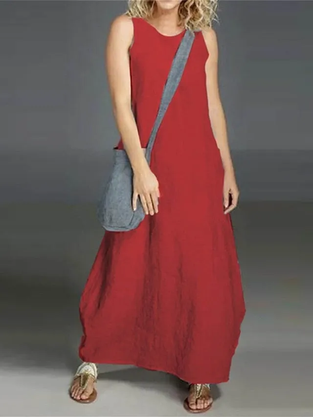 Casual Sweater Dress Cotton Sweater Dress Maxi long Sweater Dress Cotton Basic Casual Outdoor Daily Vacation Crew Neck Pocket Sleeveless Summer Spring  Loose Fit White Red Sky Blue Pure for Women