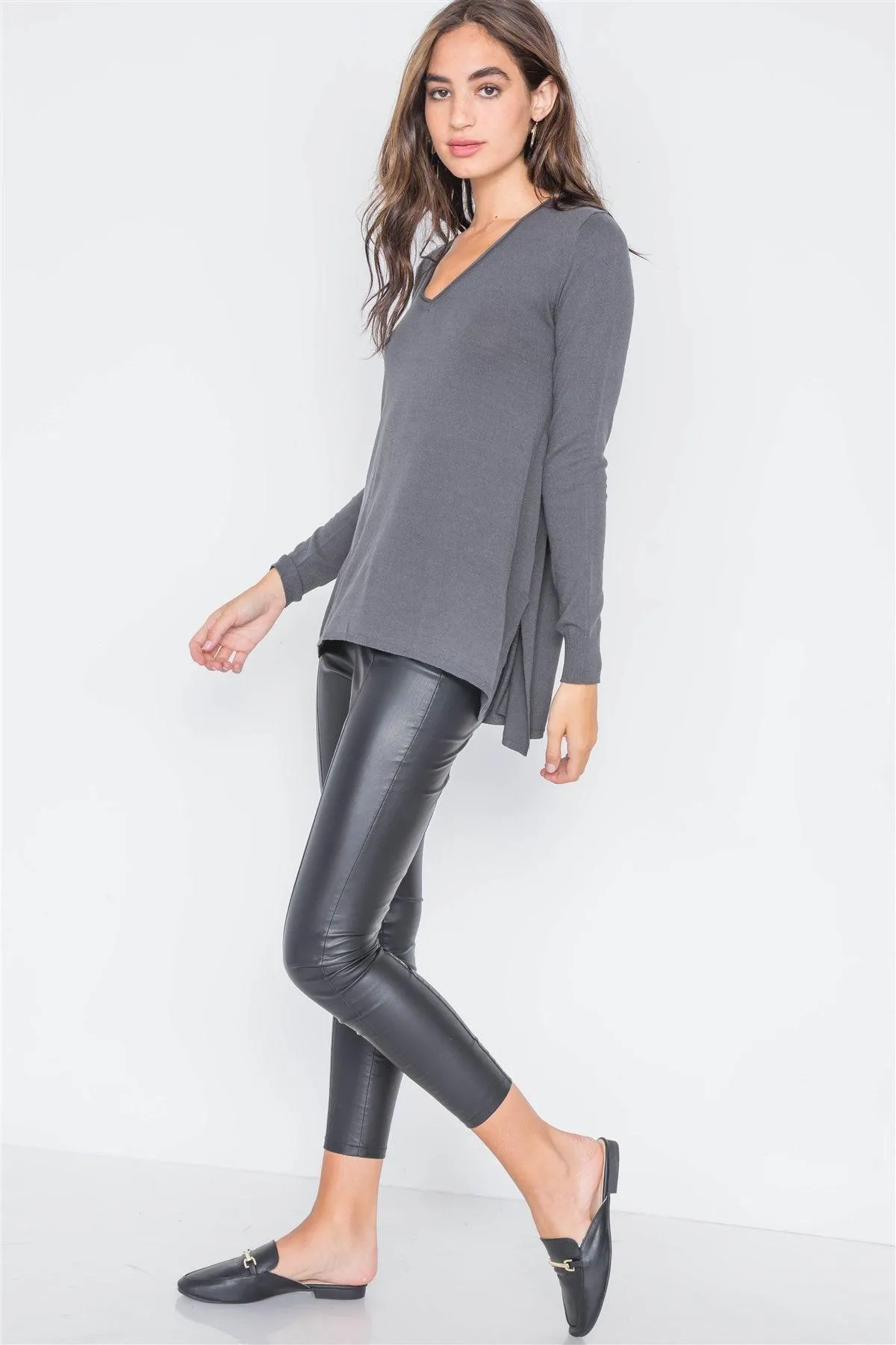 Charcoal Knit V-Neck Casual Solid Long Sleeve Sweater