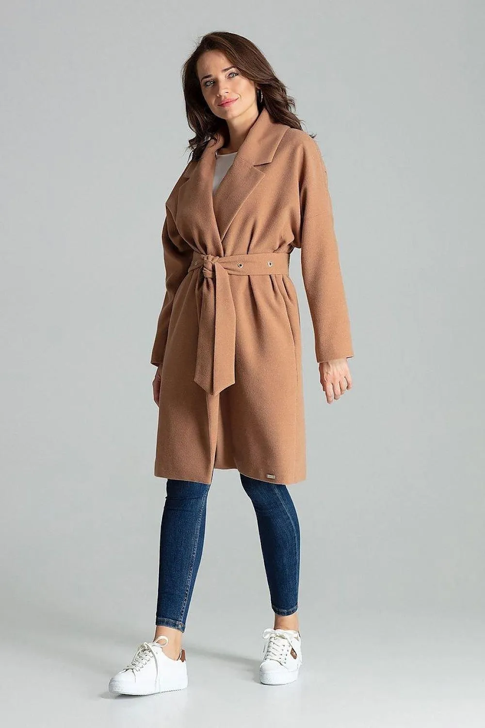 Chic Black Overcoat with Fashionable Waistbelt and Wide Lapels