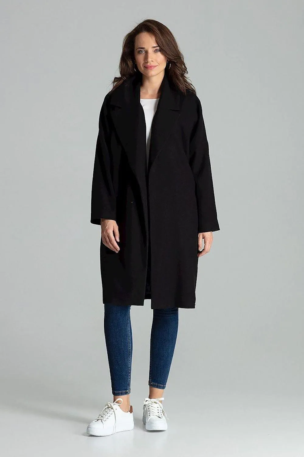 Chic Black Overcoat with Fashionable Waistbelt and Wide Lapels