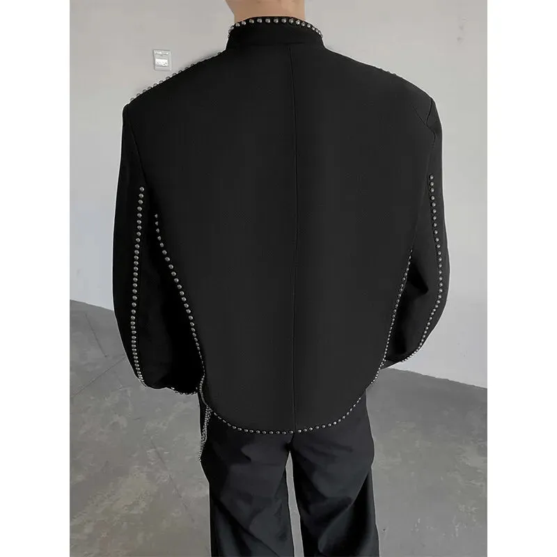 Chicmy-Korean Style Rivet Design Blazers Men's Black Stand Collar Casual Suit Jacket Top Quality Male Solid Color Long Sleeve Cardigan