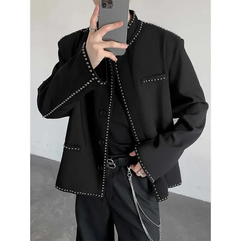 Chicmy-Korean Style Rivet Design Blazers Men's Black Stand Collar Casual Suit Jacket Top Quality Male Solid Color Long Sleeve Cardigan